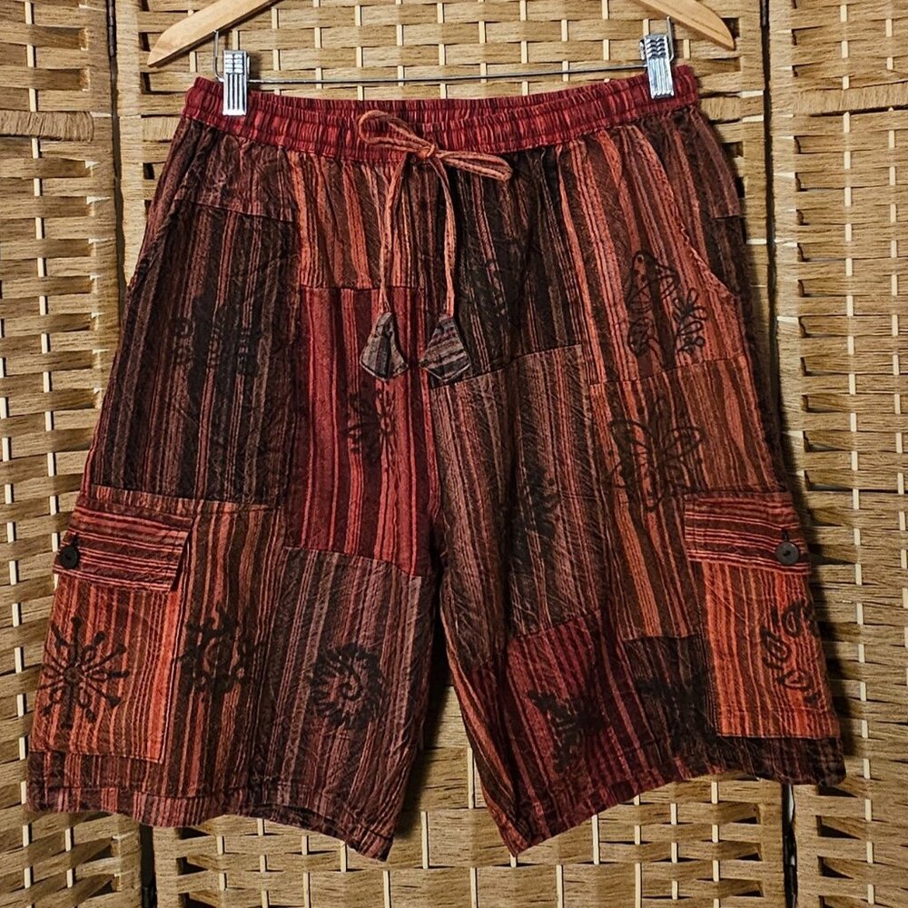 Wevez Red Patchwork Cotton Boho Shorts OS